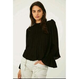 Free People Kelsey‎ Blouse Top Bell Sleeve Pleated Viscose Black Large Billowy